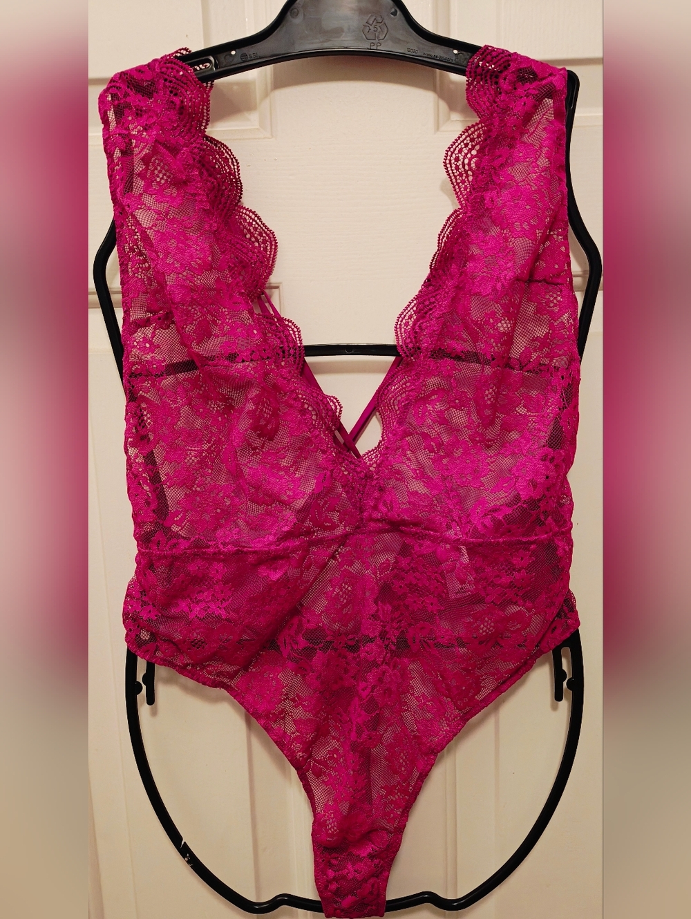 Victoria's Secret Magenta Pink Plunge Flutter Sheer Lace Lingerie Teddy Bodysuit